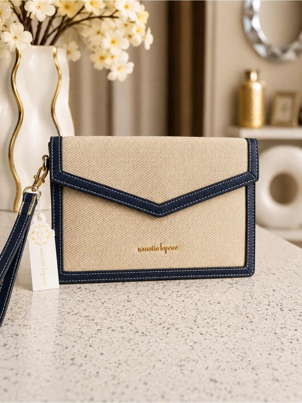 Canvas Envelope Wristlet in Beige and Navy by